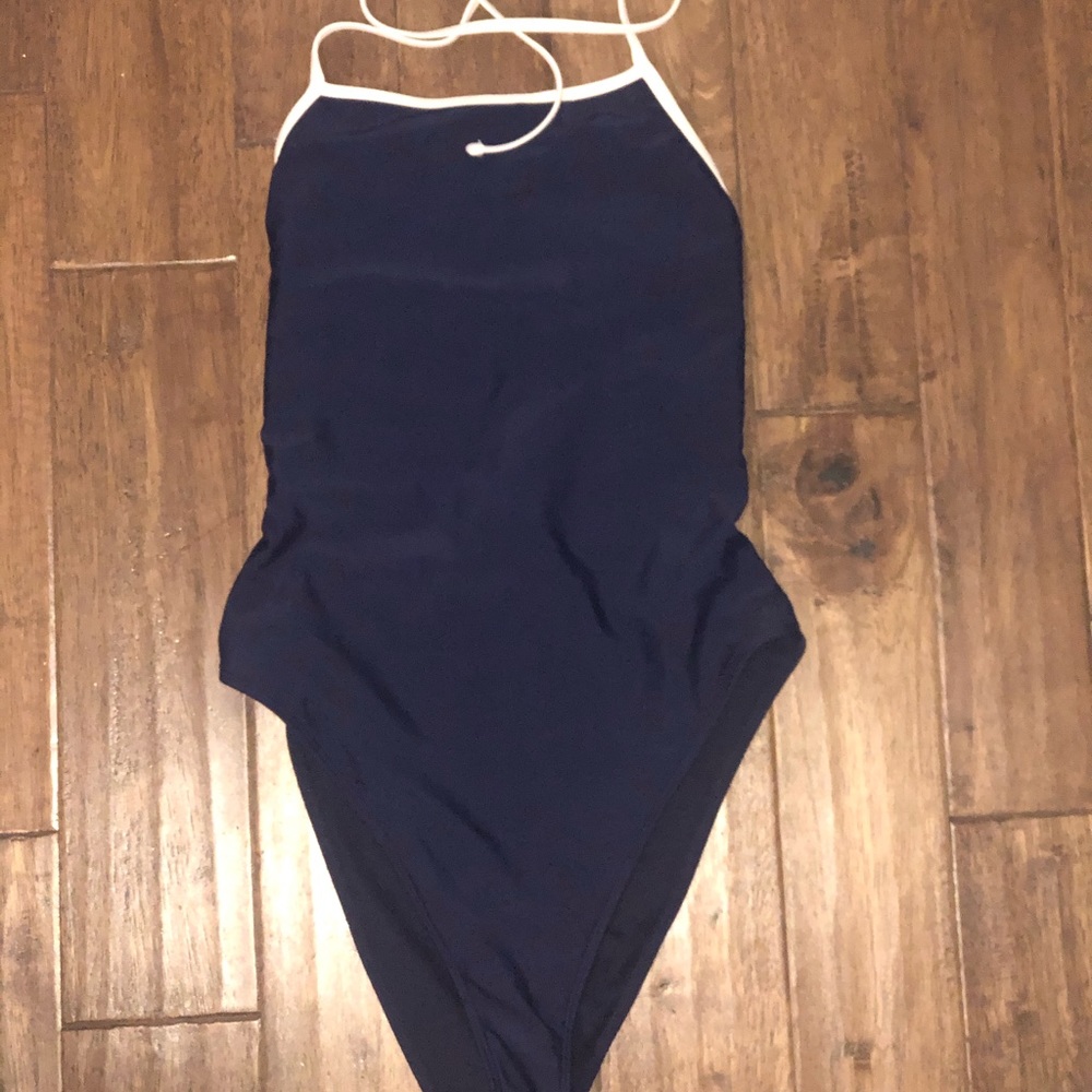 one piece navy and white swim suit